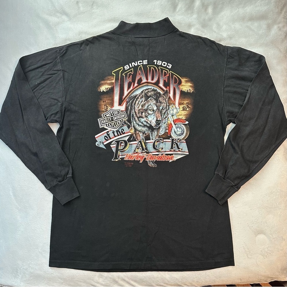 Rare 3D Emblem Vintage 1990 Harley Davidson Mock Neck LS Shirt Leader of Pack XL